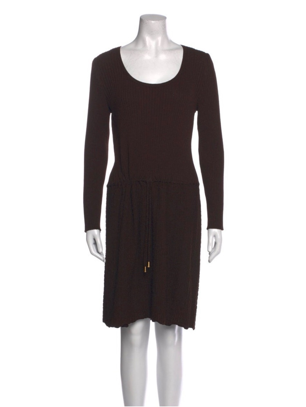 St. John Brown Wool Blend Ribbed Knit Drawstring Dress S